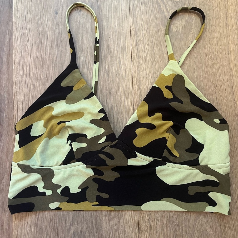 Camo cropped tank top. Norma Kamali.